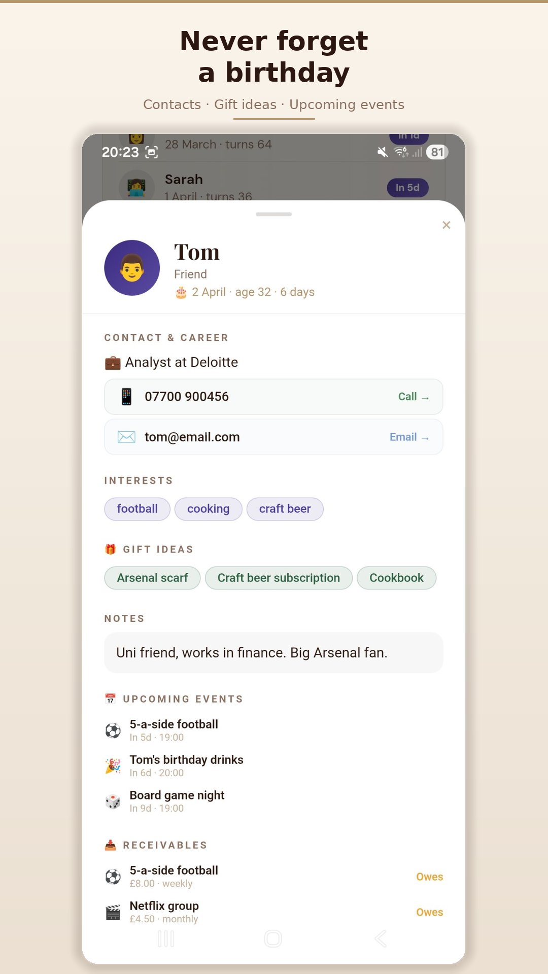 Contact profile with birthday and gift ideas