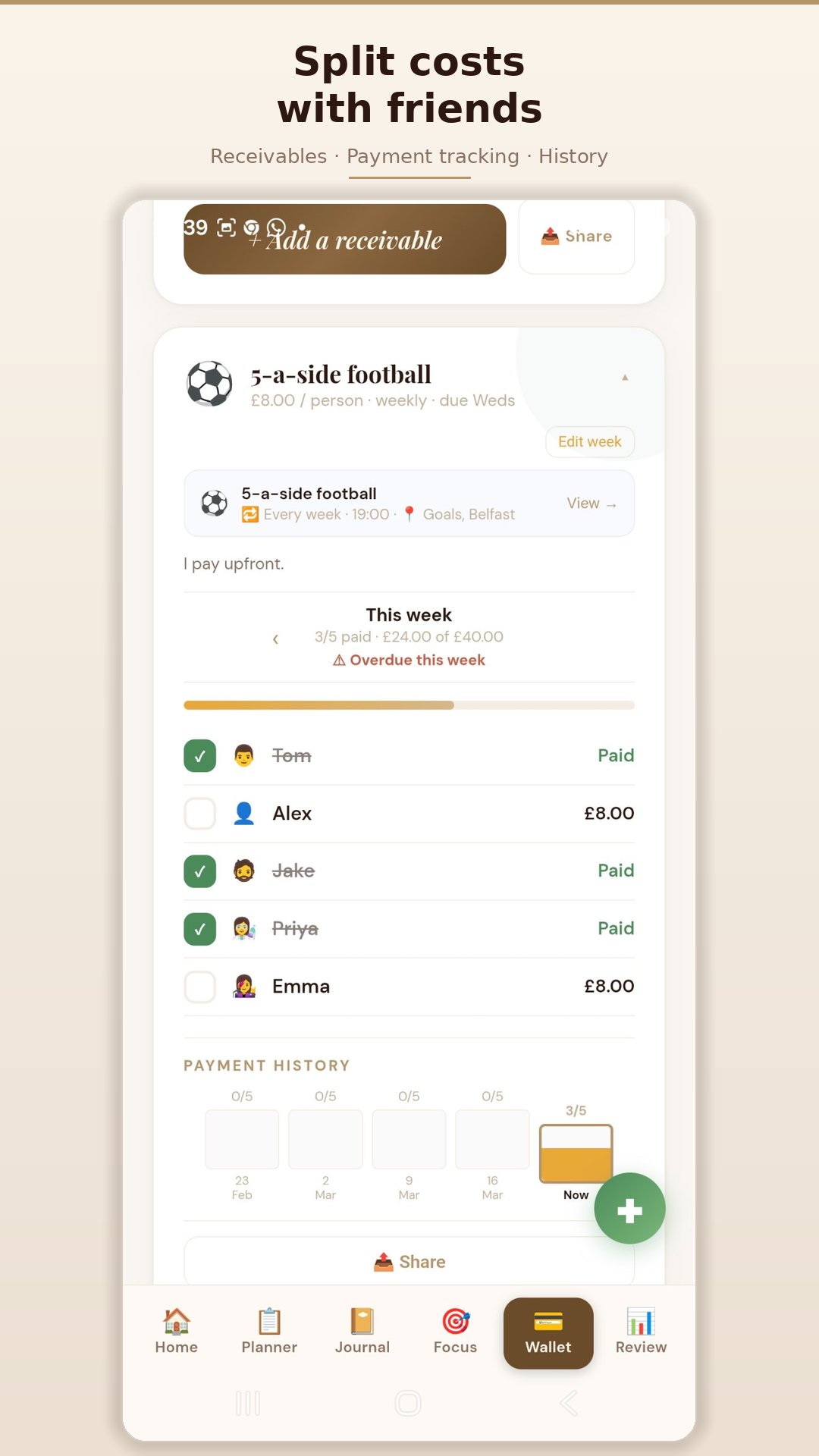 Split costs and payment tracking