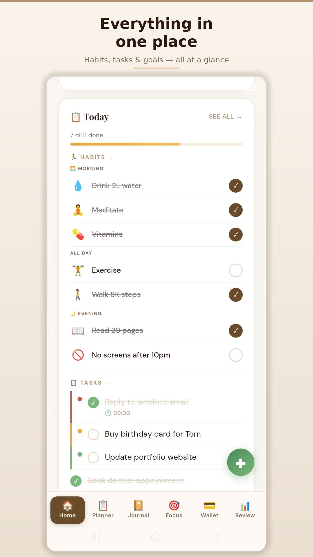 Today card with habits and tasks